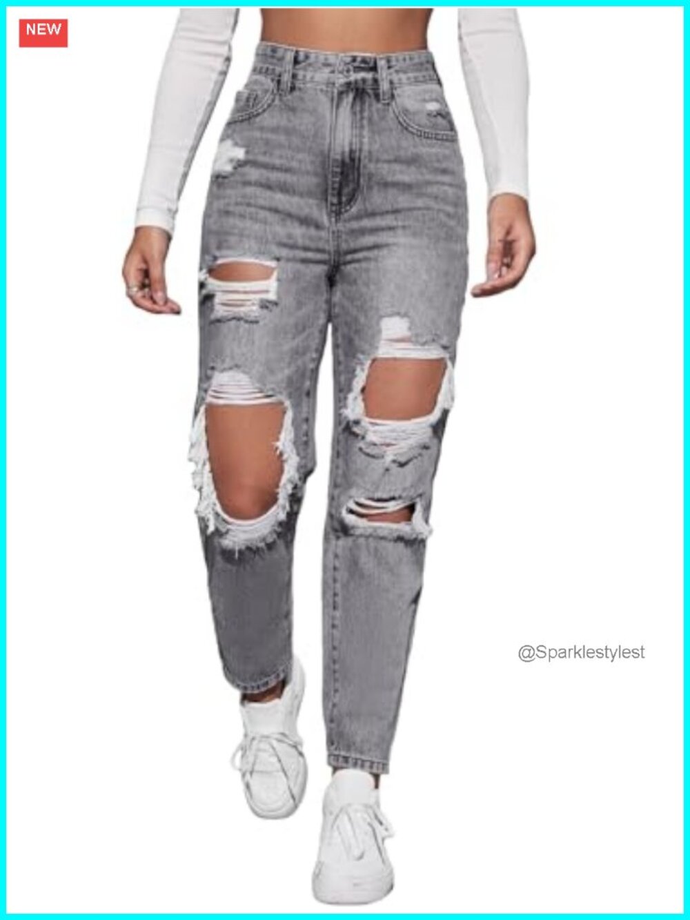 Women High Waist Boyfriend Straight Leg Ripped Jeans Non Stretch